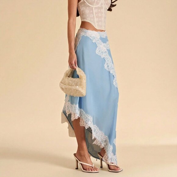 Baby Blue Elegant Women's Lace Trim Asymmetric Hem Split Chiffon Skirt - Picture 4 of 8